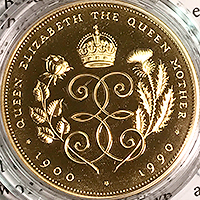 皇太后生誕90年記念（通称名：バラとアザミ）5ポンド金貨 1990年 PCGS PR69DCAM