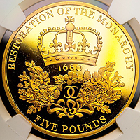 エリザベス2世イギリス王政復古350年（通称：シャネル）【最高鑑定】 5ポンド金貨 2010年 NGC PF70 Ultra Cameo